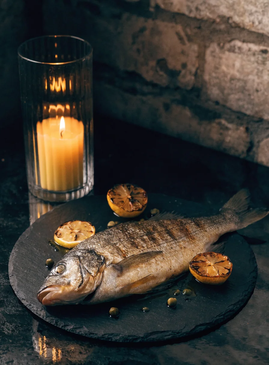 Tender whole salt-crusted sea bass plated alongside tender braised artichokes