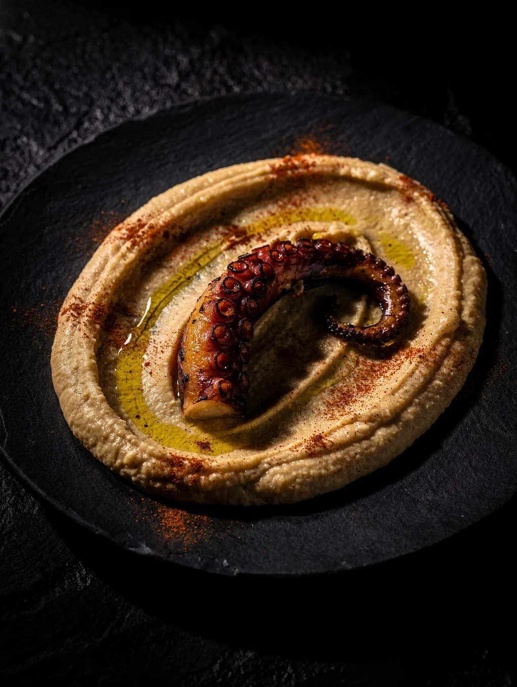 Charred tender octopus tentacle over golden chickpea crisp and vibrant oils