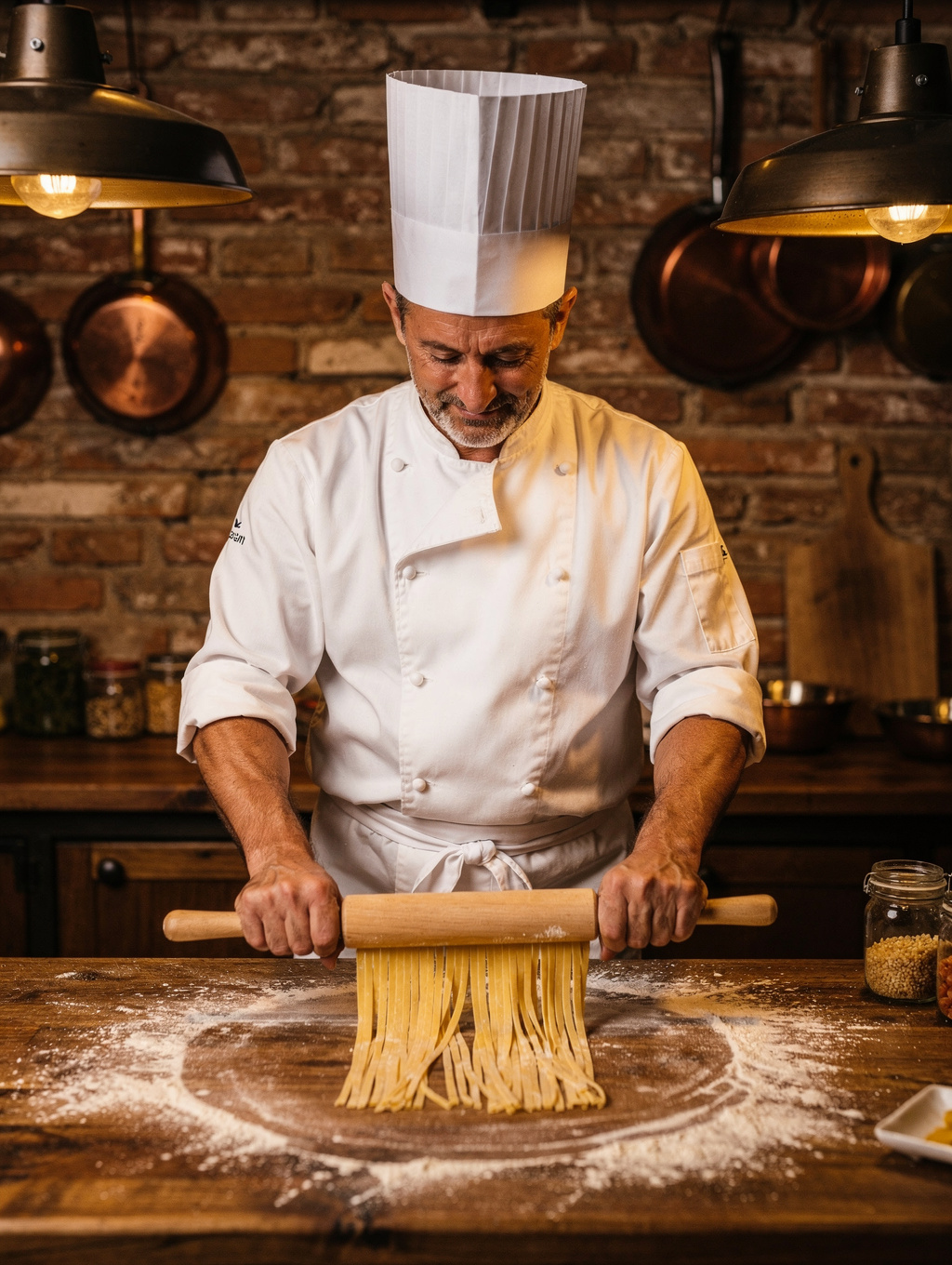 Chef hand-rolling fresh pasta in our open kitchen