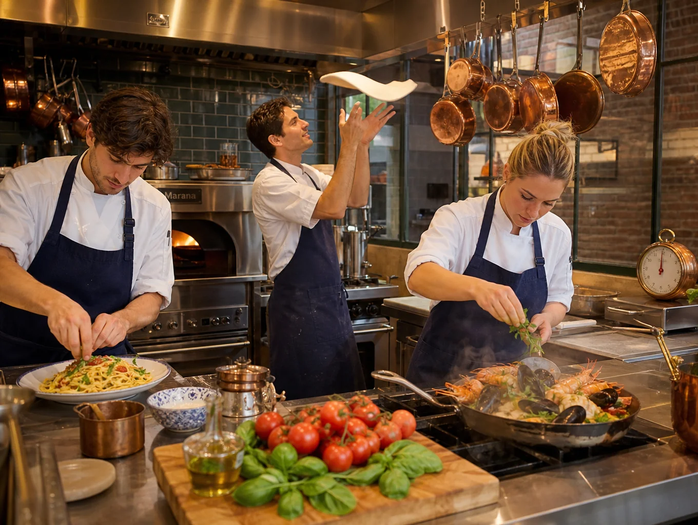 Open kitchen pass with chefs preparing fresh seasonal dishes
