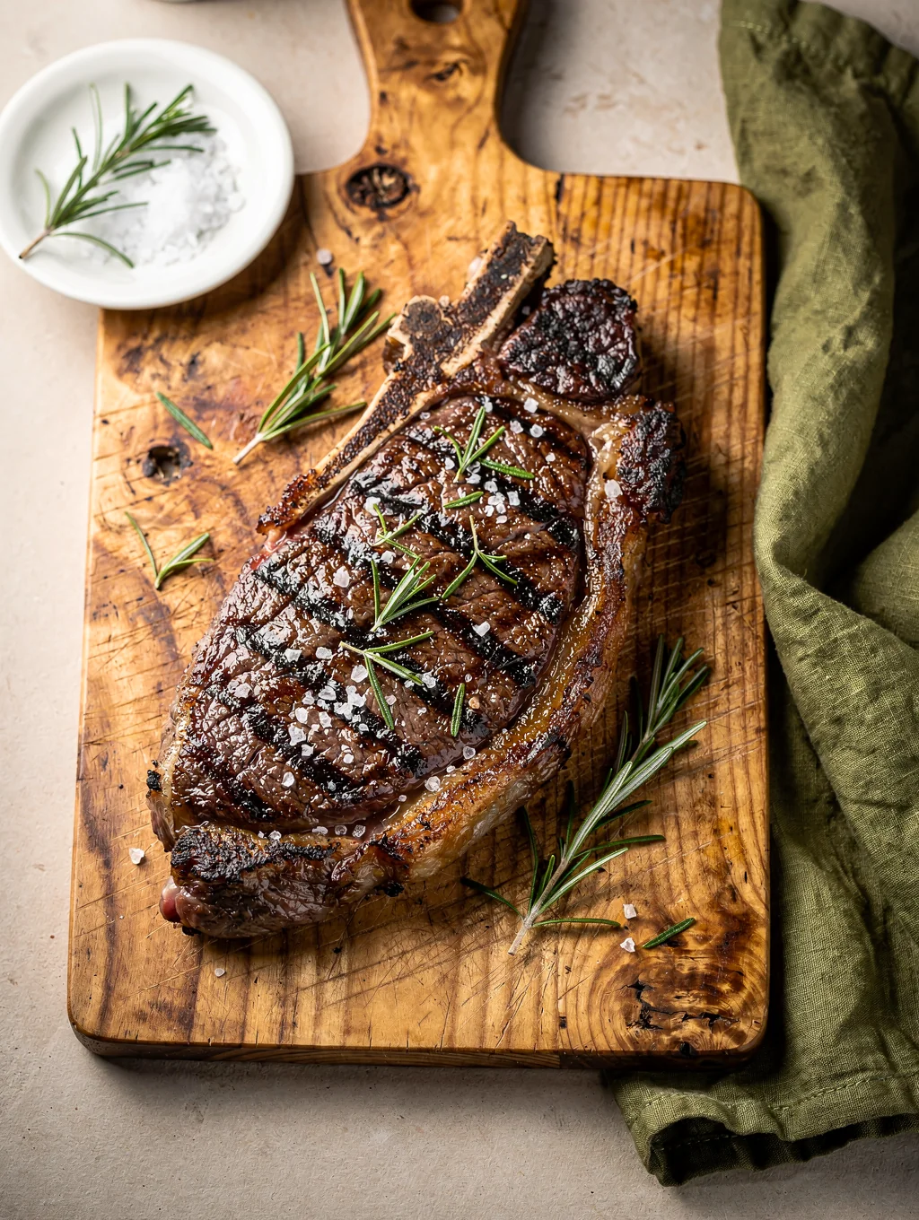 Sliced dry-aged Florentine steak with wild arugula and shaved cheese