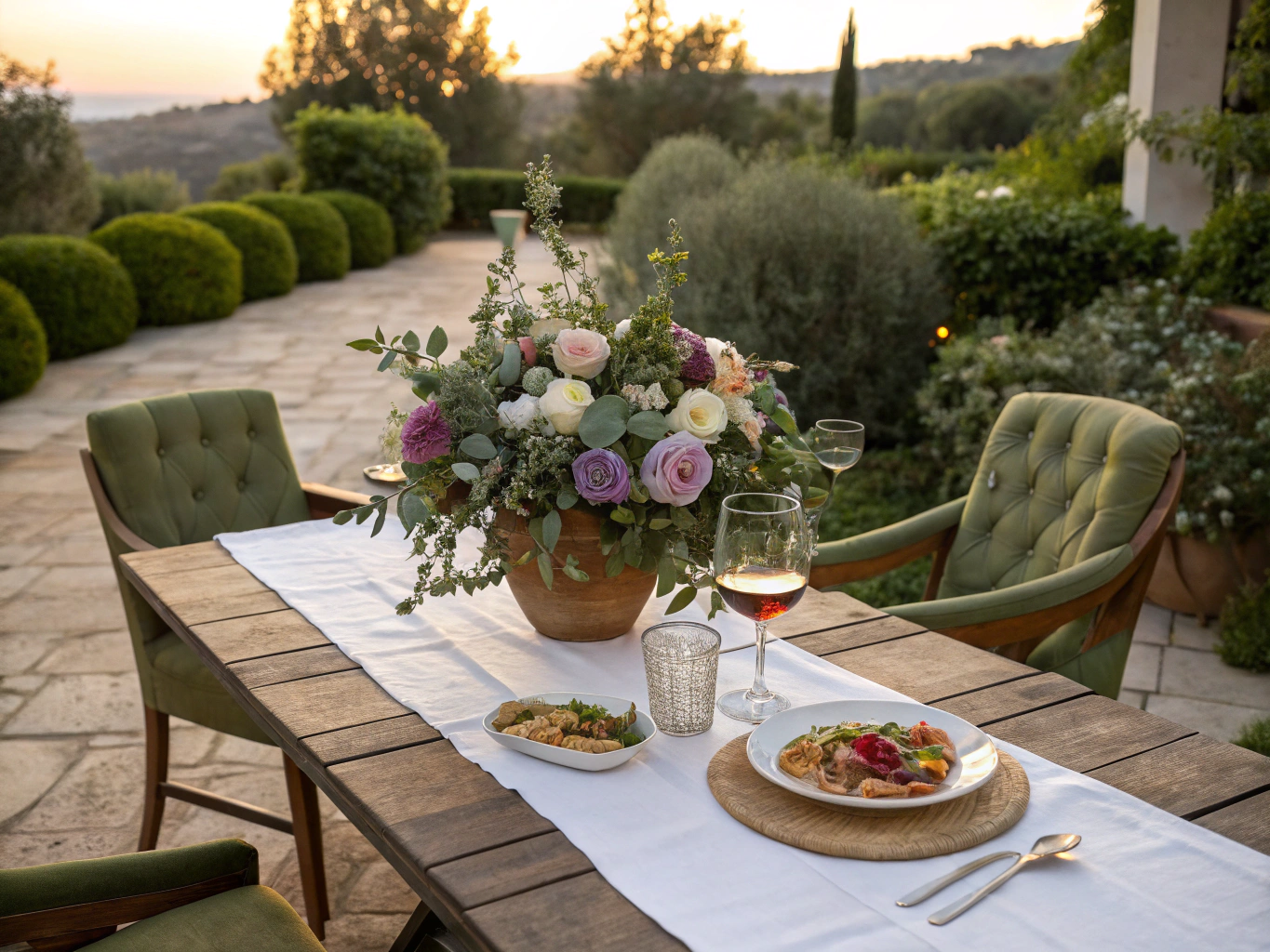 Outdoor terrace with lush plants and elegant table settings