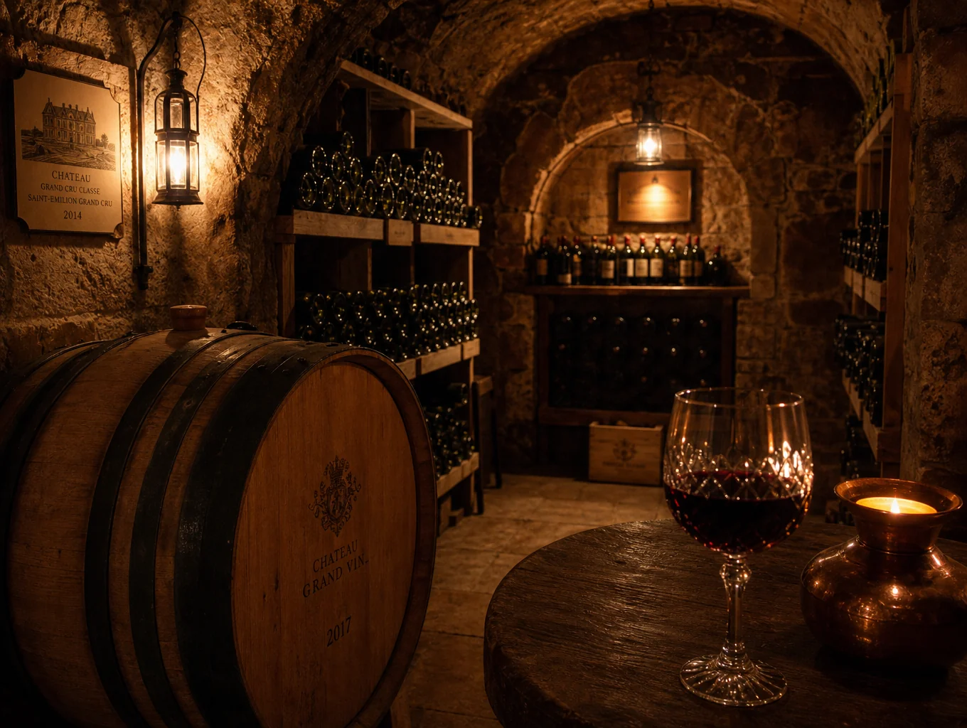 Private stone cellar nook with wine racks and soft lighting